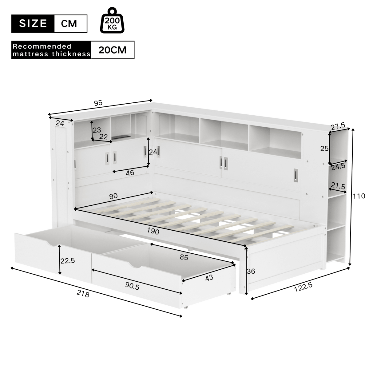 3ft Single Platform Bed with Trundle & Storage - Bed Frame with USB Charging and Bookcase