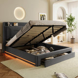 4ft6 Double Upholstered Storage Bed – Velvet Hydraulic Bed with End Drawers, Recessed LED Light Strips & Slatted Frame