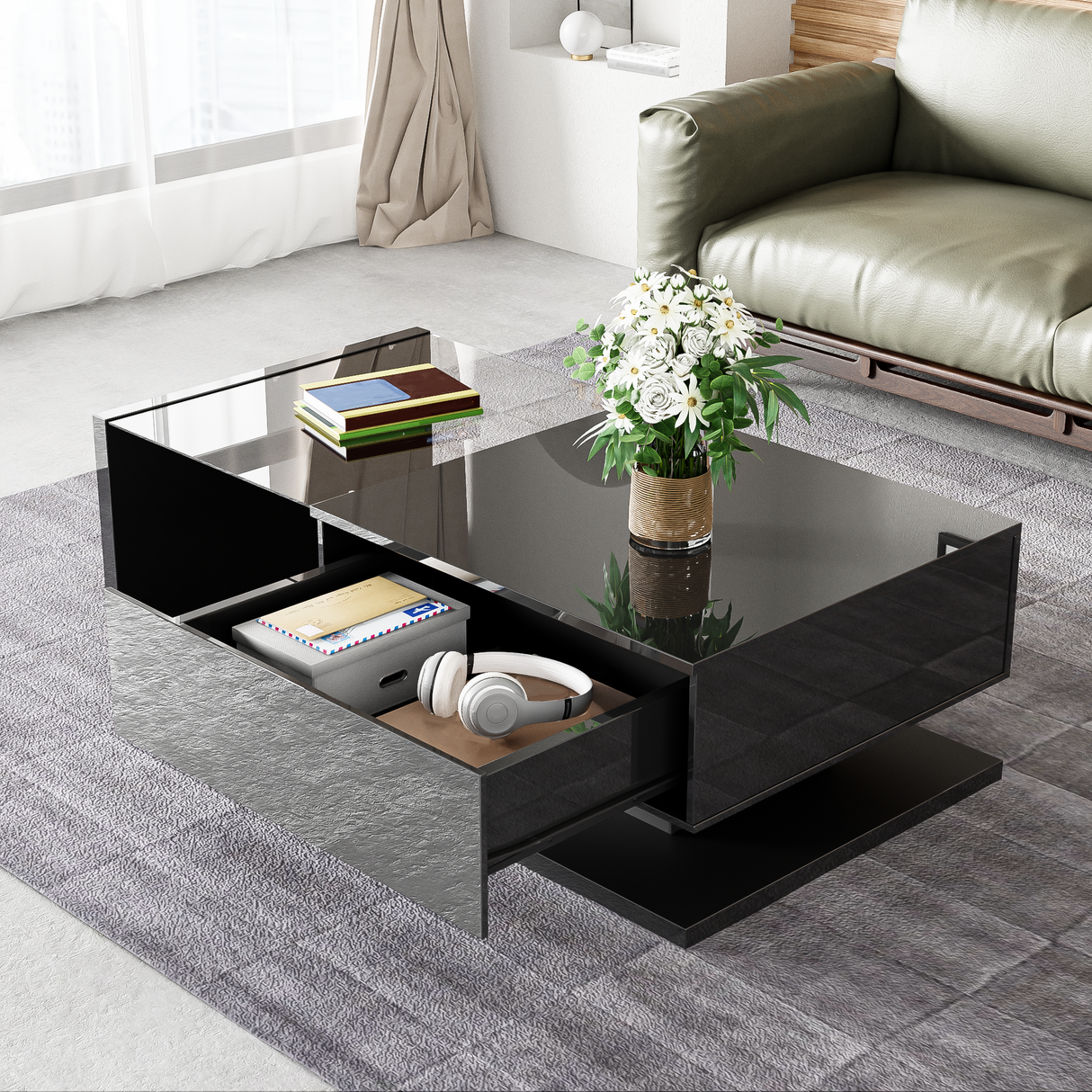 Coffee Table, High-Gloss Black with Push-Pull Storage