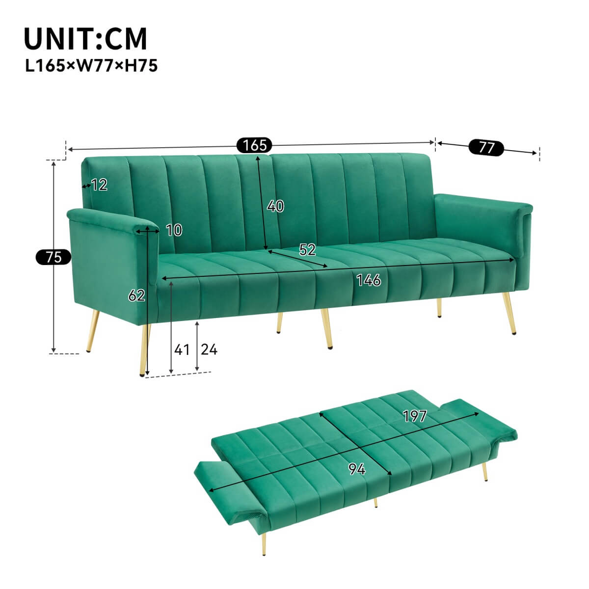 Modern Velvet Sofa Bed - Adjustable Backrest & Armrests, Convertible Sleeper with Metal Legs for Living Room, Bedroom & Guest Room, Green
