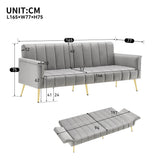 Modern Velvet Sofa Bed - Adjustable Backrest & Armrests, Convertible Sleeper with Metal Legs for Living Room, Bedroom & Guest Room, Grey