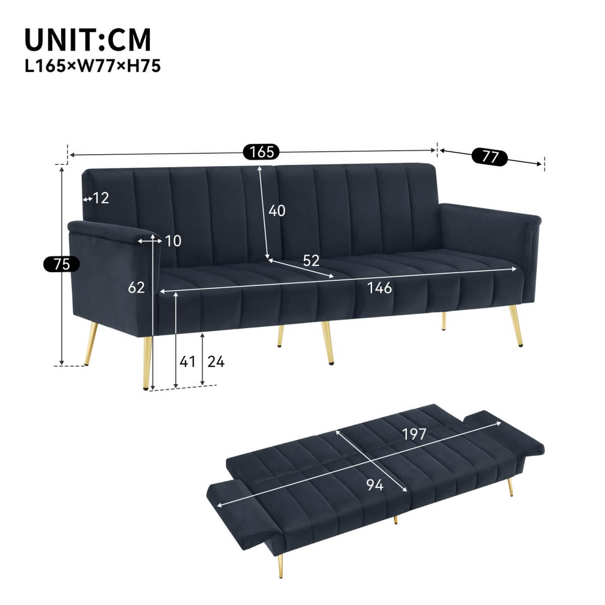 Modern Velvet Sofa Bed - Adjustable Backrest & Armrests, Convertible Sleeper with Metal Legs for Living Room & Guest Room, Black