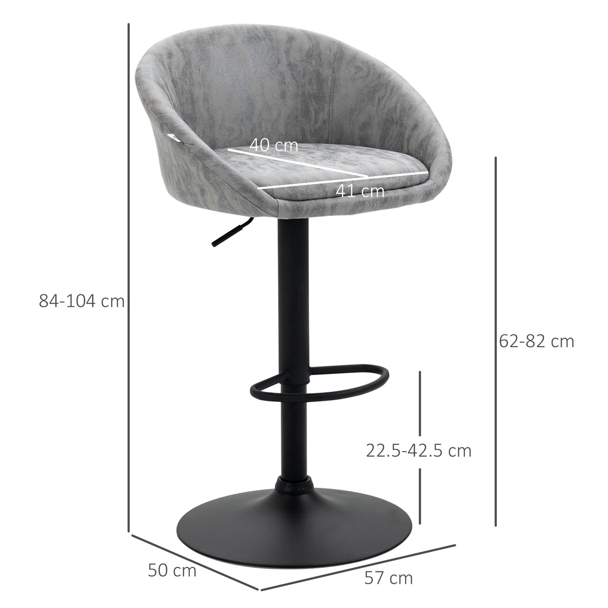 Modern Bar Stools - Height Adjustable Swivel Barstools with Backrest, Armrests and Footrest, Light Grey PU Leather