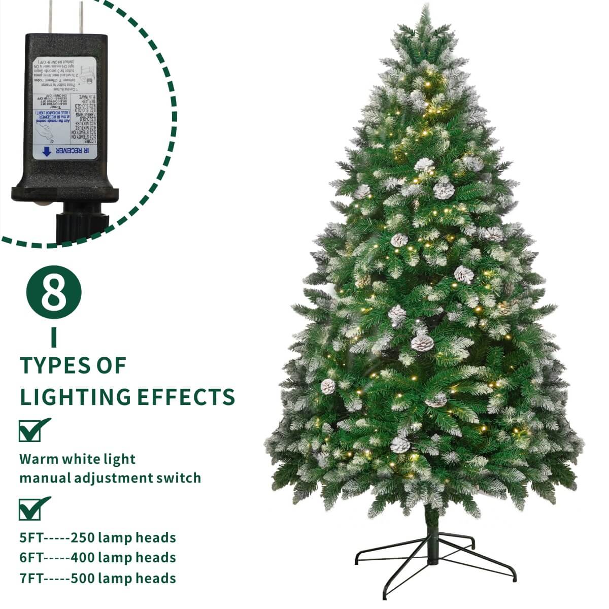 Snow Flocked Artificial Christmas Tree with Pine Cones - Full PVC Xmas Tree with 8-Mode Warm White LED Lights, 6ft/7ft