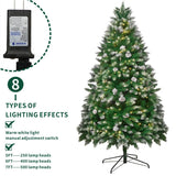 Snow Flocked Artificial Christmas Tree with Pine Cones - Full PVC Xmas Tree with 8-Mode Warm White LED Lights, 6ft/7ft