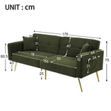 Convertible Sofa Bed with Adjustable Backrest - Modern Recliner Sofa with Gold Legs and Storage Pockets, Green