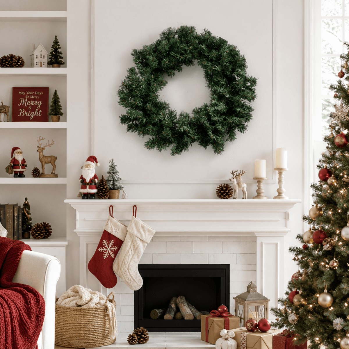 Pre-Lit Artificial Christmas Wreath - Realistic PVC Foliage Wreath with Warm White LED Lights for Door & Home Decoration