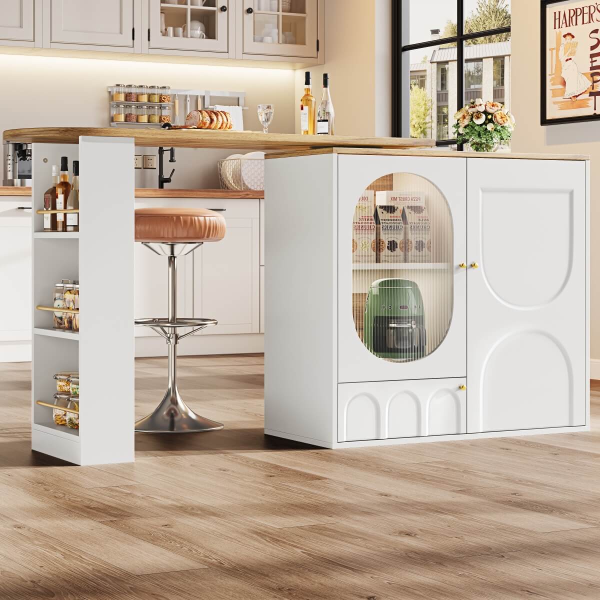 Modern Swivel Bar Table with Storage - White Rotating Kitchen Island with Shelves and 2 Doors