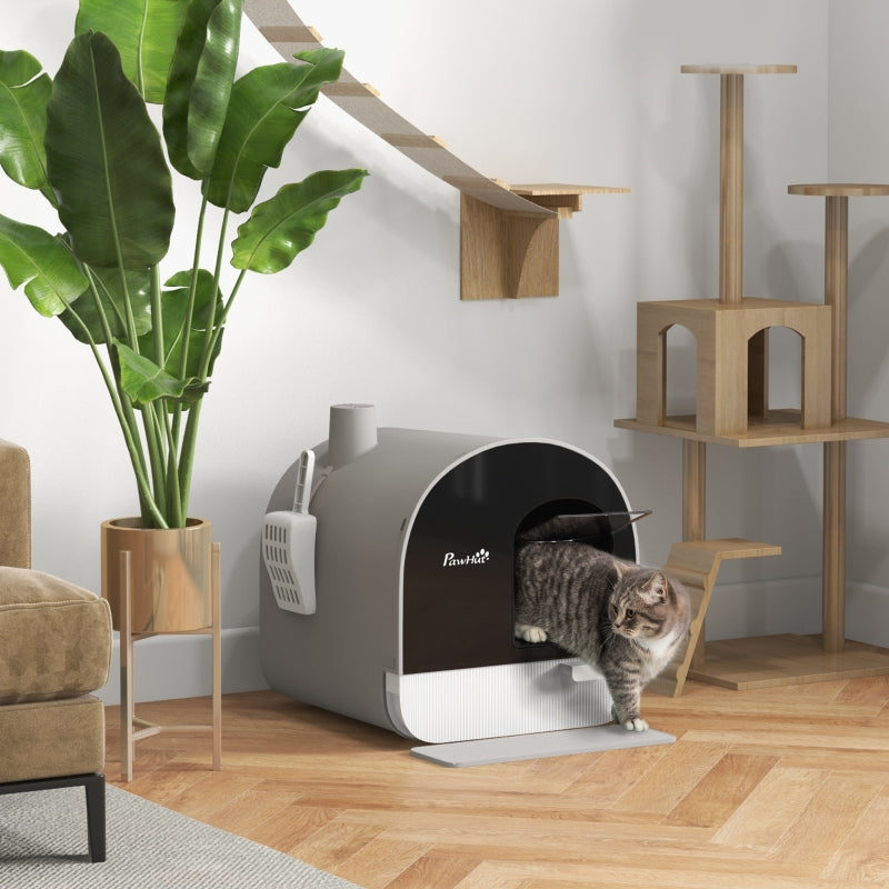 Hooded Cat Litter Box with Lid, Scoop, Filter, Flap Door, Light Grey