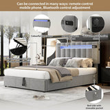 4ft6 Double Velvet Hydraulic Storage Bed - LED Bed with Bluetooth Speaker, USB & Side Pockets, Grey