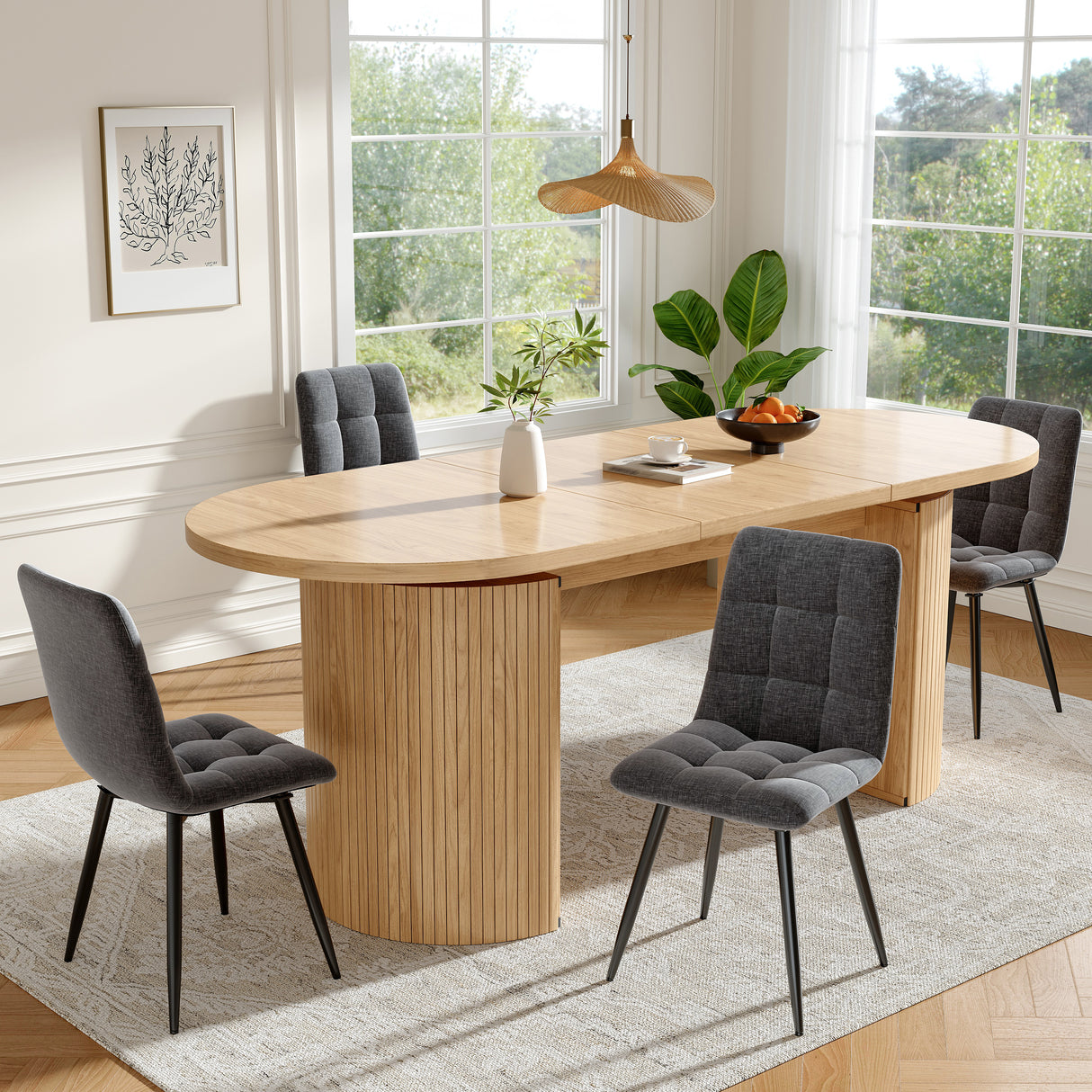 Extendable dining table with hidden storage compartment, thickened tabletop for high stability, flexibly adaptable for small spaces, kitchen, study and living room, natural brown