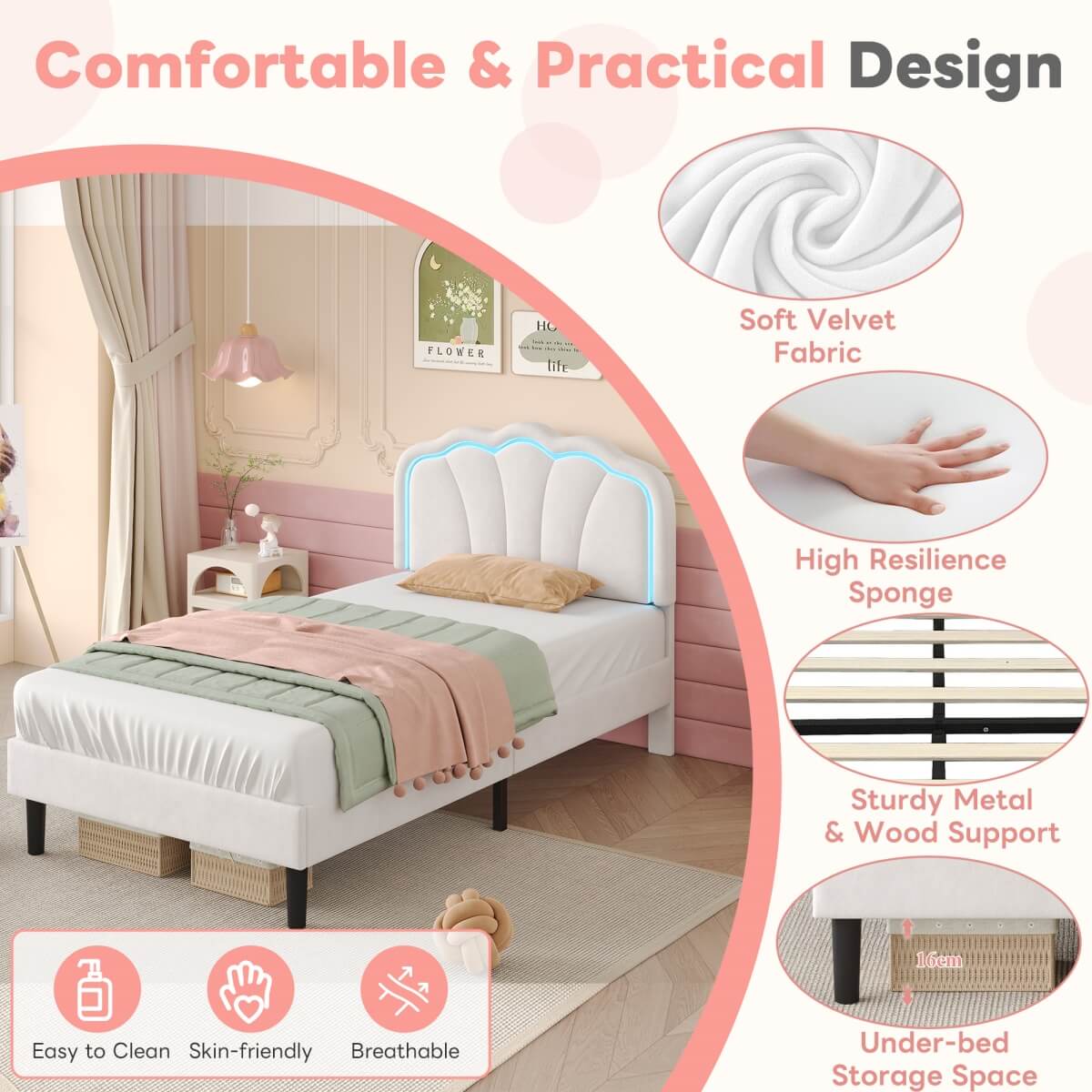 3ft Single LED Upholstered Bed – Velvet Bed Frame with Shell Headboard