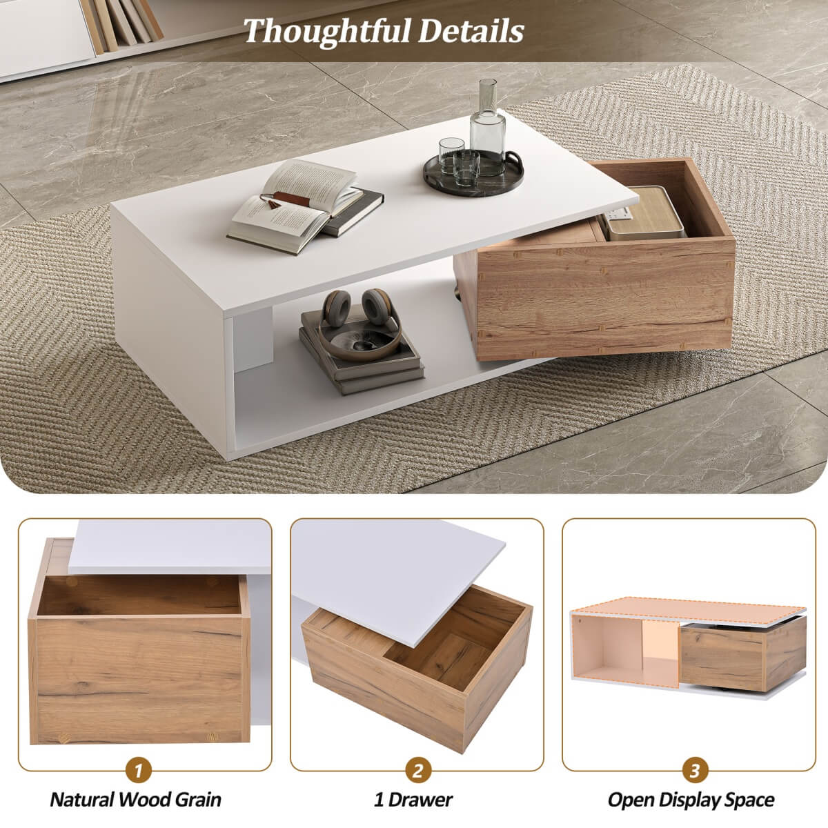 High Gloss Coffee Table with 360° Rotating Drawer – White & Wood Centre Table
