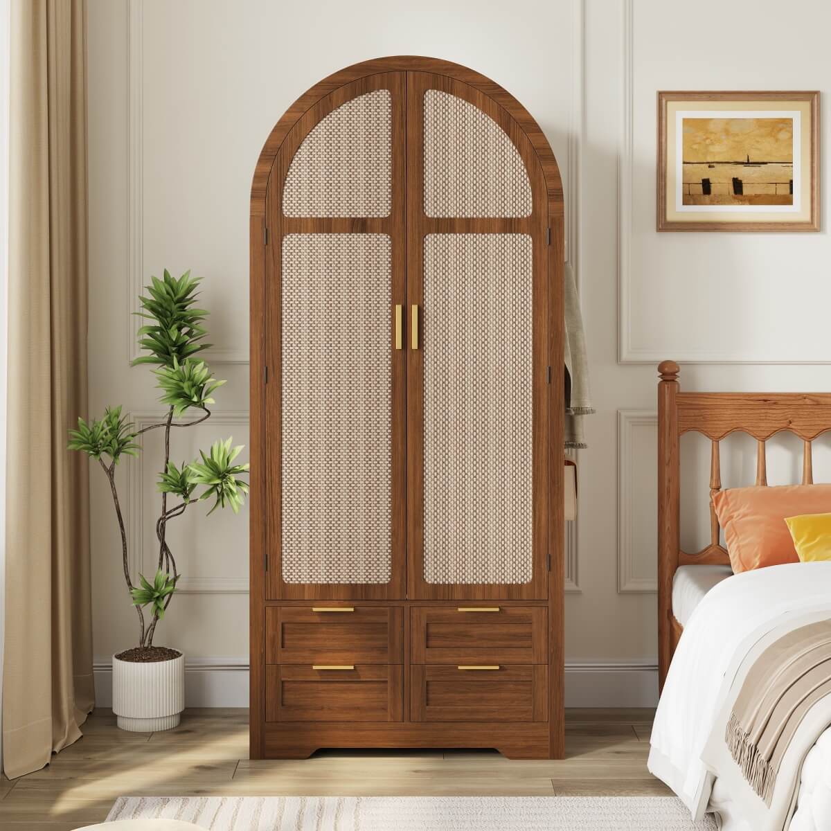 Modern Wardrobe with Curved Doors - Bedroom Storage Cabinet with Hanging Rail and Drawers, Walnut