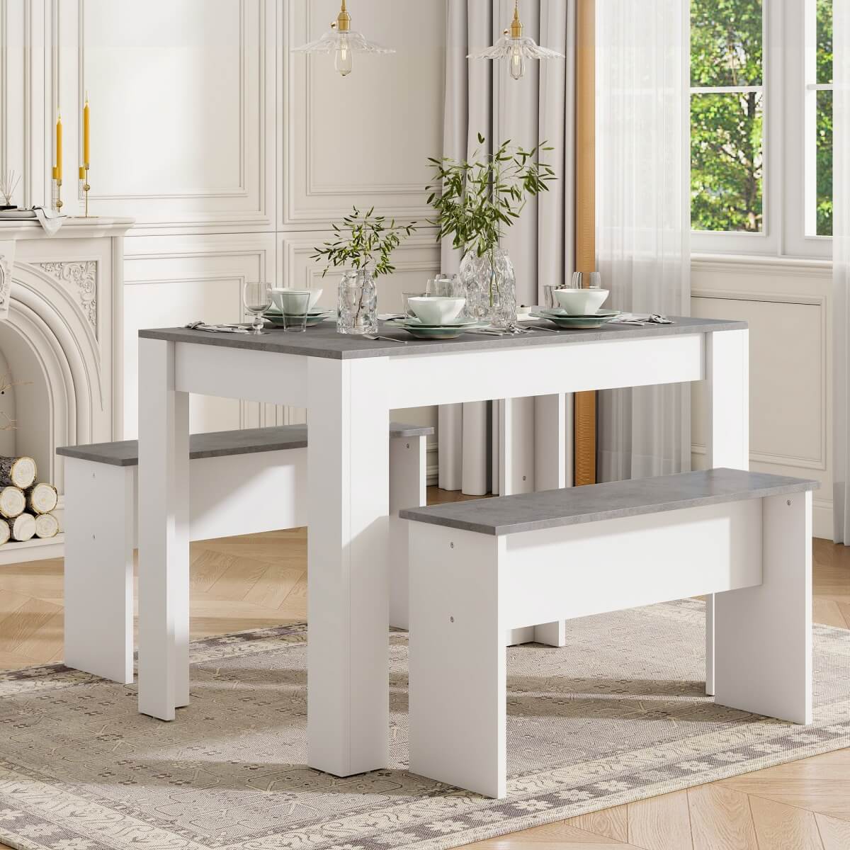 Dining Table Set with 2 Benches - Artificial Marble Kitchen & Dining Table for Small Spaces, Grey & White