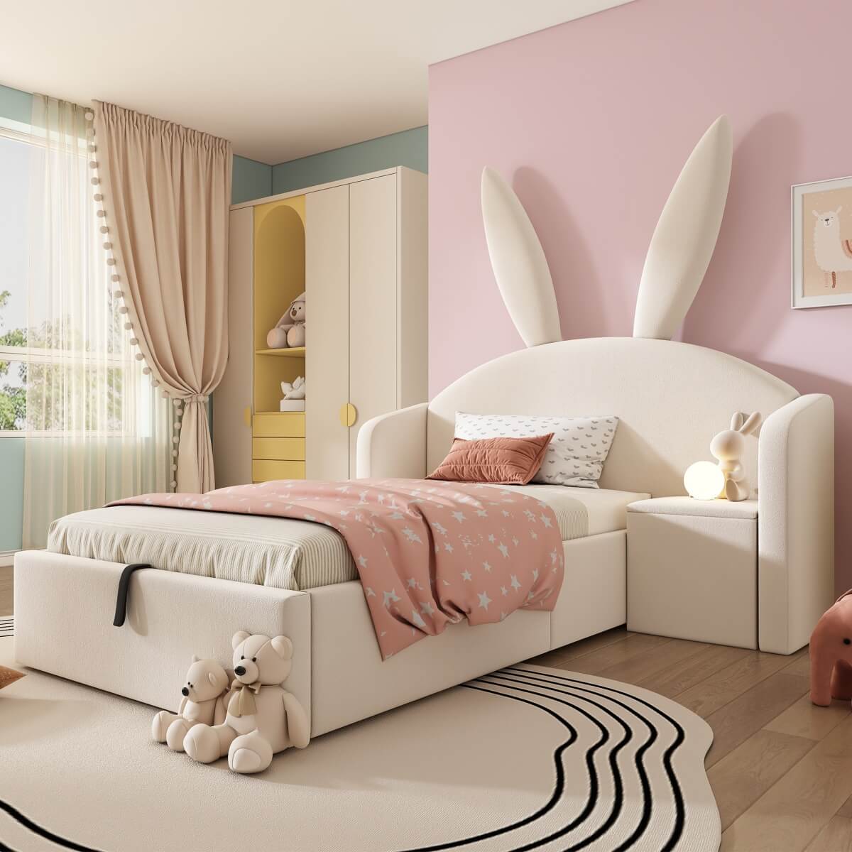 3ft Bunny Ears Kids Storage Bed with Hydraulic Lift & Bedside Shelf - Upholstered Single Bed, Beige