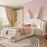 3ft Bunny Ears Kids Storage Bed with Hydraulic Lift & Bedside Shelf - Upholstered Single Bed, Beige
