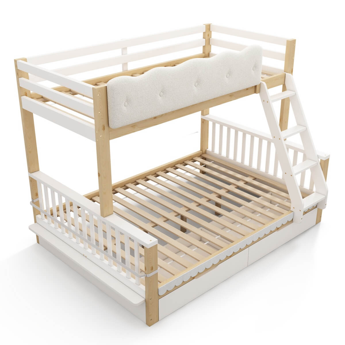 Wooden Bunk Bed for Kids - Single Over Double Bunk Bed with Drawers & Side Bookcase, White & Natural
