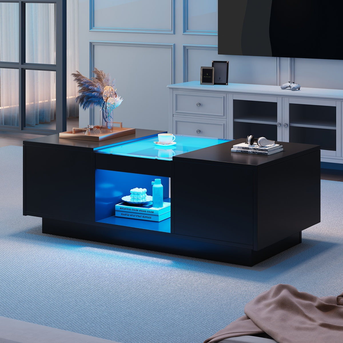 LED Coffee Table with Storage - 2 Tiers, 2 Drawers, Black