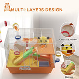 Gerbil/Hamster Cage with Tubes, Wheel, Ladder, Top Handle - Orange