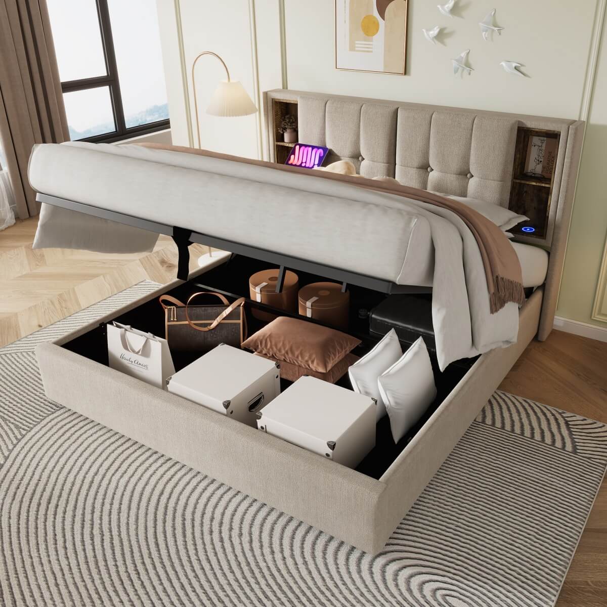 4ft6 Double Ottoman Bed Frame - Upholstered Storage Bed with Wireless Charging & USB C, Natural