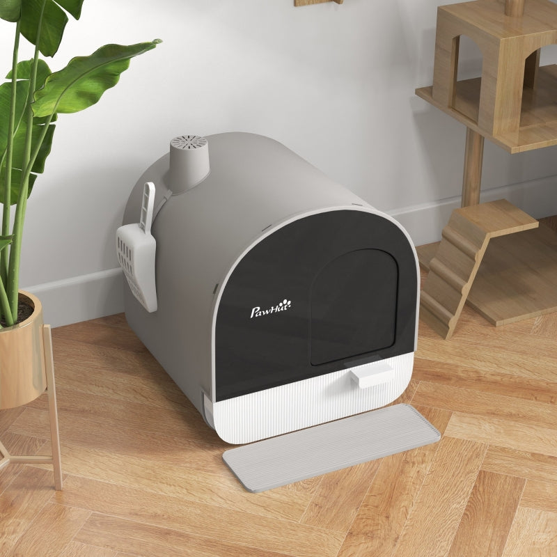 Hooded Cat Litter Box with Lid, Scoop, Filter, Flap Door, Light Grey
