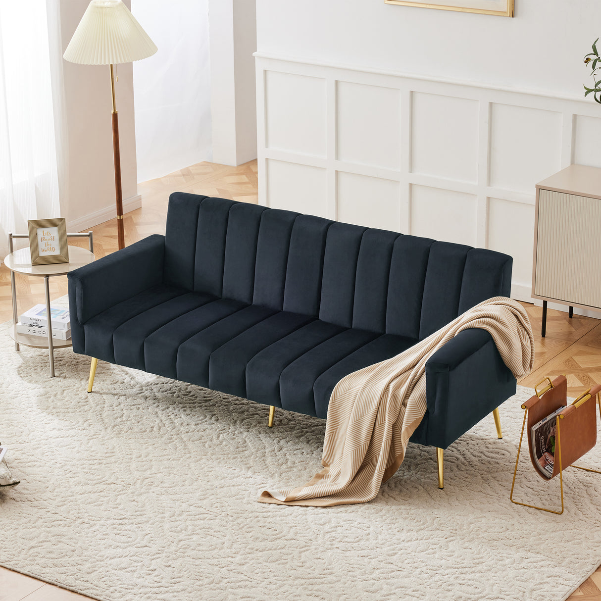 Modern Adjustable Velvet Sofa Bed with MultiPosition Backrest & Armrests, Metal Legs, Convertible Sleeper Function, Ideal for Living Room, Bedroom, Home Theater & Guest Room, Black, Video Included