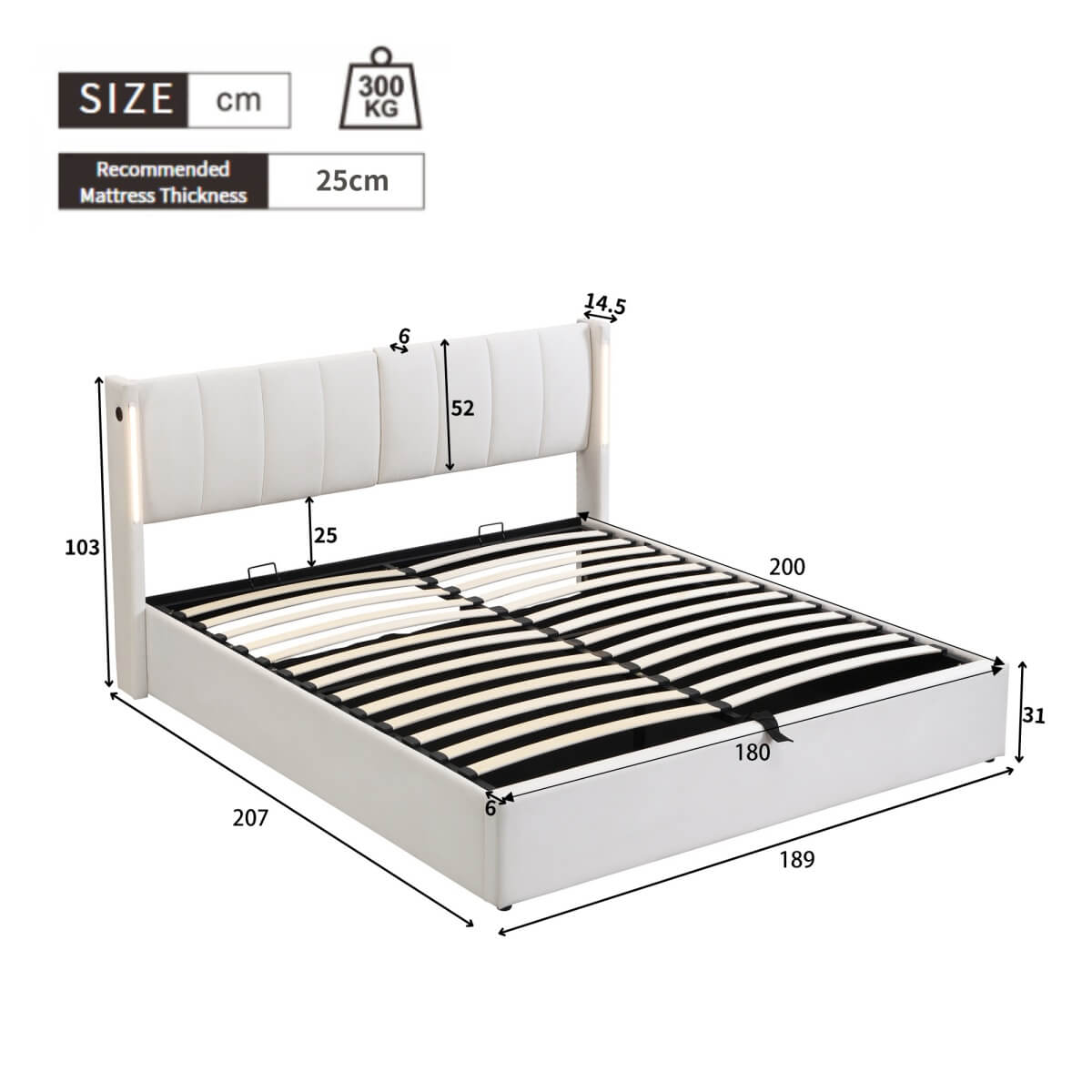 6ft Super King PU LED Storage Bed – Upholstered Bed with USB Charging and Adjustable Headboard
