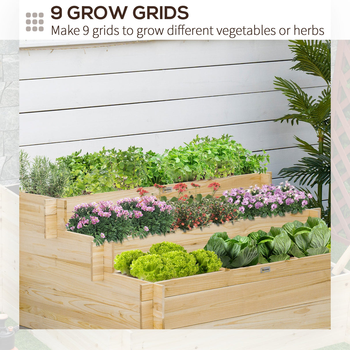 3 Tier Raised Garden Bed 376L Elevated Planter with 9 Grow Grids Fir Wood