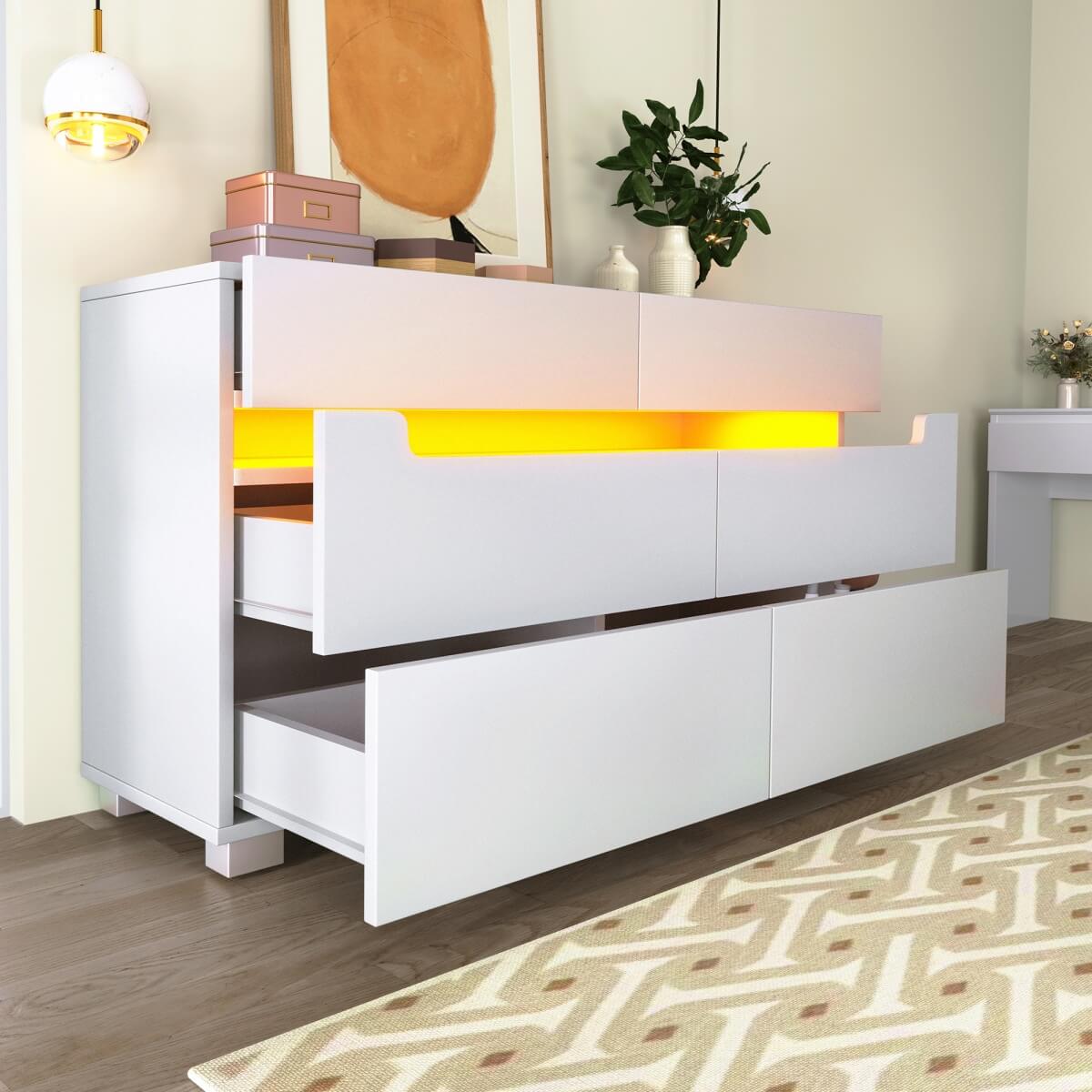 6-Drawer Chest of Drawers with RGB LED Lights - Modern White Storage Sideboard with App Control and Cut-Out Handles