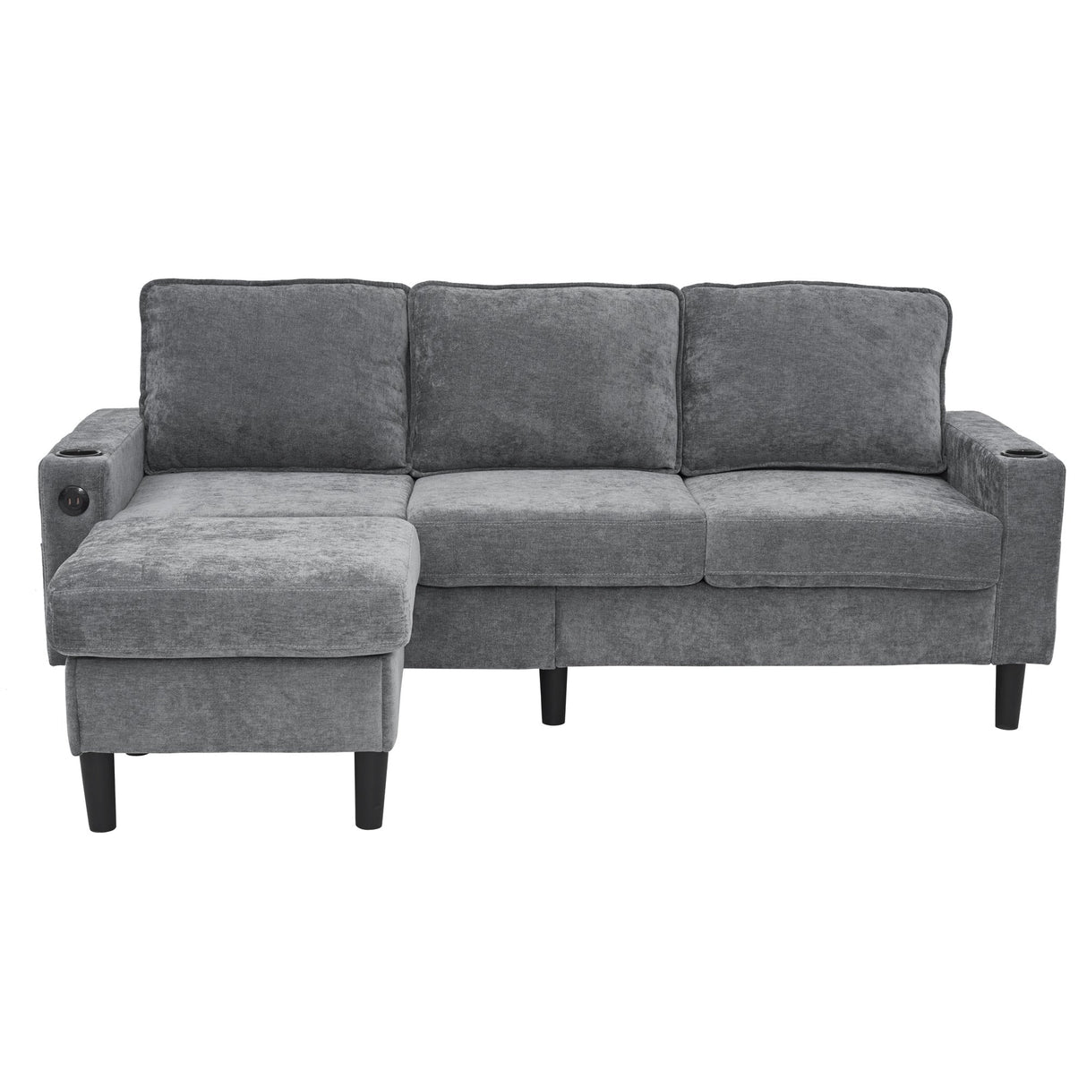 L-Shaped Couch Sofa, Corner 3 Seater Sectional with USB and Cup Holder (Grey)