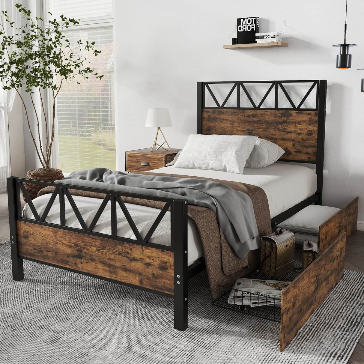 3ft Single Metal Storage Bed Frame with Drawers - Iron Bed for Adults & Teenagers