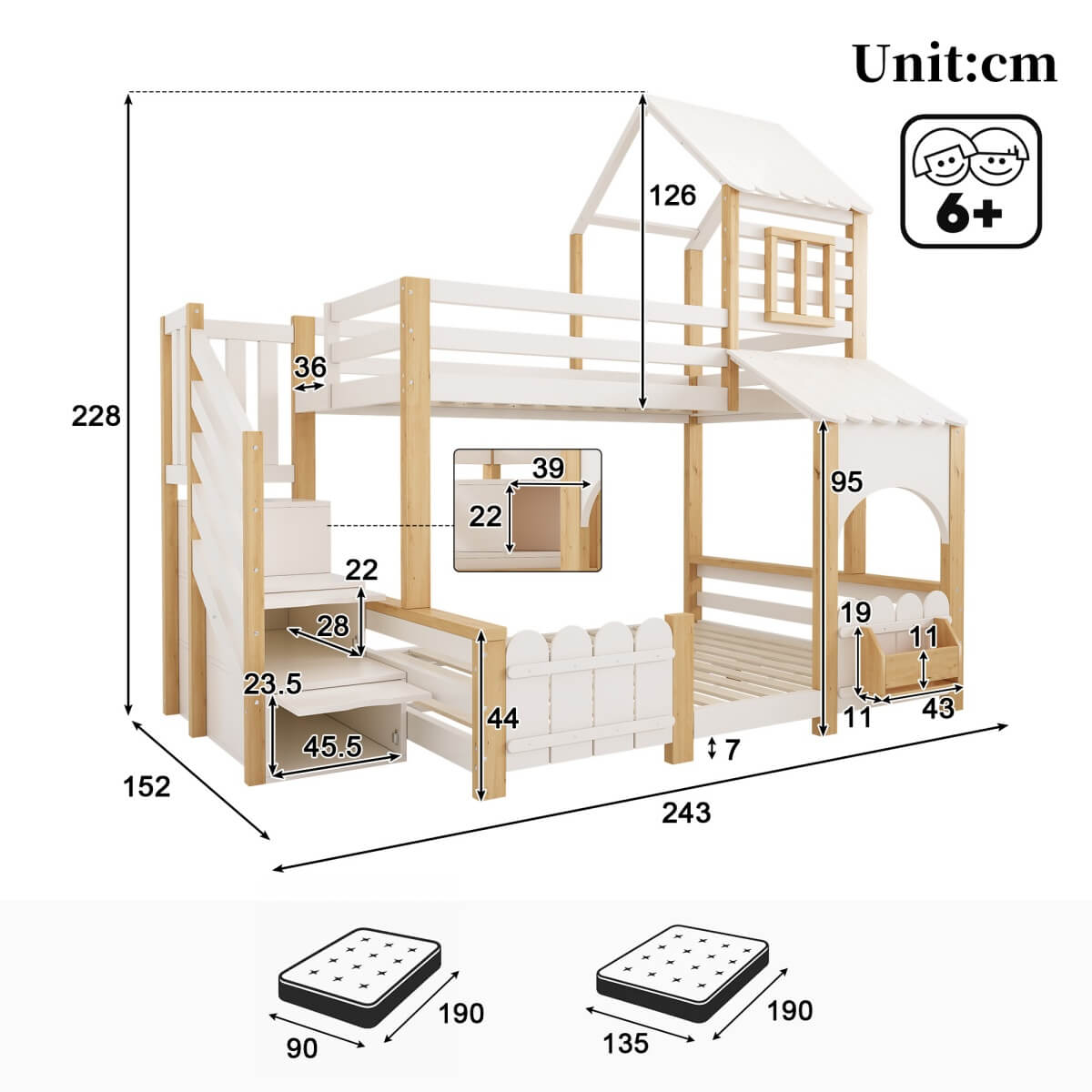 Single Over Double Triple Sleeper Bunk Bed with Storage Stairs - Kids House Bed with Roof and Safety Rails, White and Wood Effect, 90x190cm and 135x190cm