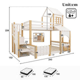 Single Over Double Triple Sleeper Bunk Bed with Storage Stairs - Kids House Bed with Roof and Safety Rails, White and Wood Effect, 90x190cm and 135x190cm