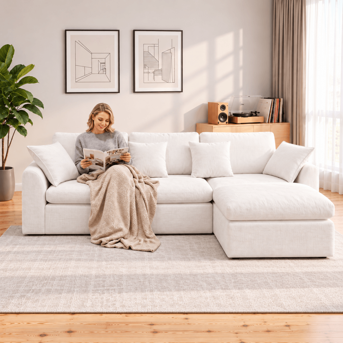 246cm Modular Cloud Sofa with Movable Ottoman - 4 Seater Deep Seat L-Shaped Sofa for Living Room, Bedroom or Apartment