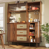 High-quality sideboard with rattan look and glass sliding doors, 174.5 cm high kitchen cabinet with storage space, natural wood/walnut look