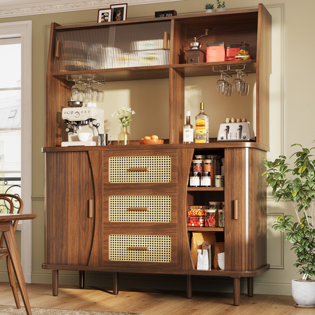 High-quality sideboard with rattan look and glass sliding doors, 174.5 cm high kitchen cabinet with storage space, natural wood/walnut look