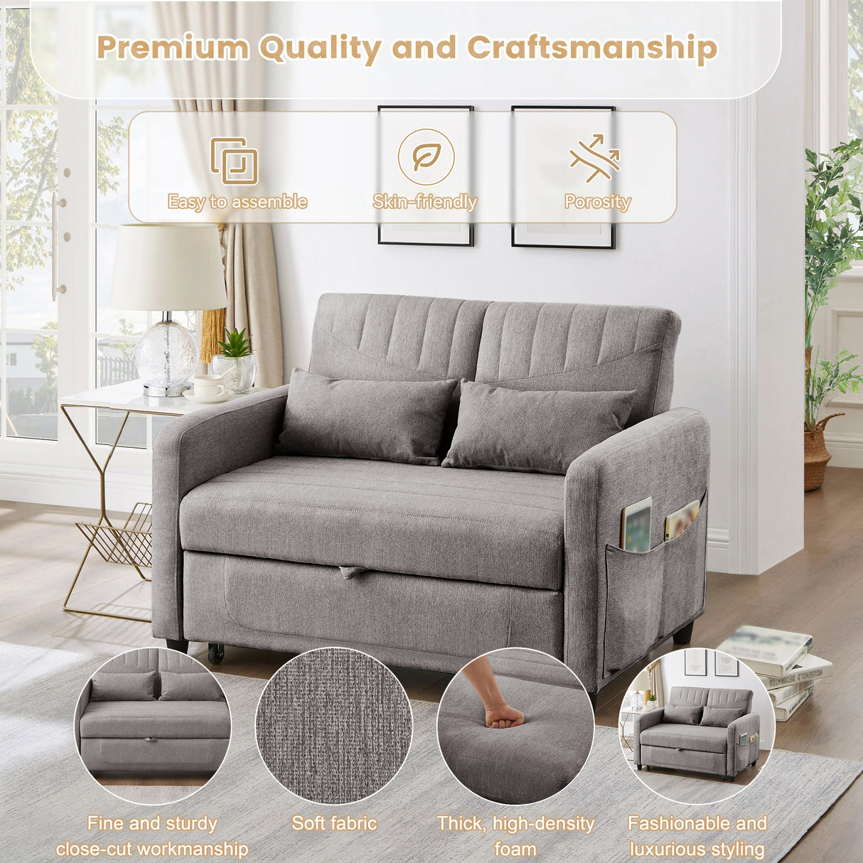 [Sofa Bed with Sleeping Function] Two-Seater Fold-Out Sofa, Pull-Out Design, Simple and Modern, Contemporary Style, Three-Level Adjustable Backrest, Breathable Cotton-Linen Fabric