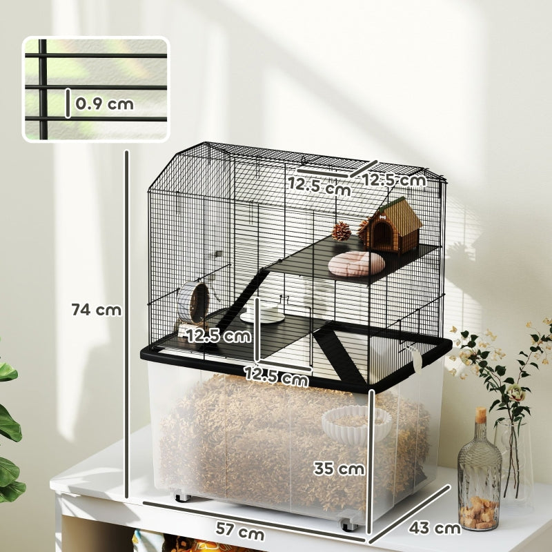 Three-Tier Gerbil Cage, Hamster Cage with Wheels, Deep Bottom, Food Dish, Water Bottle