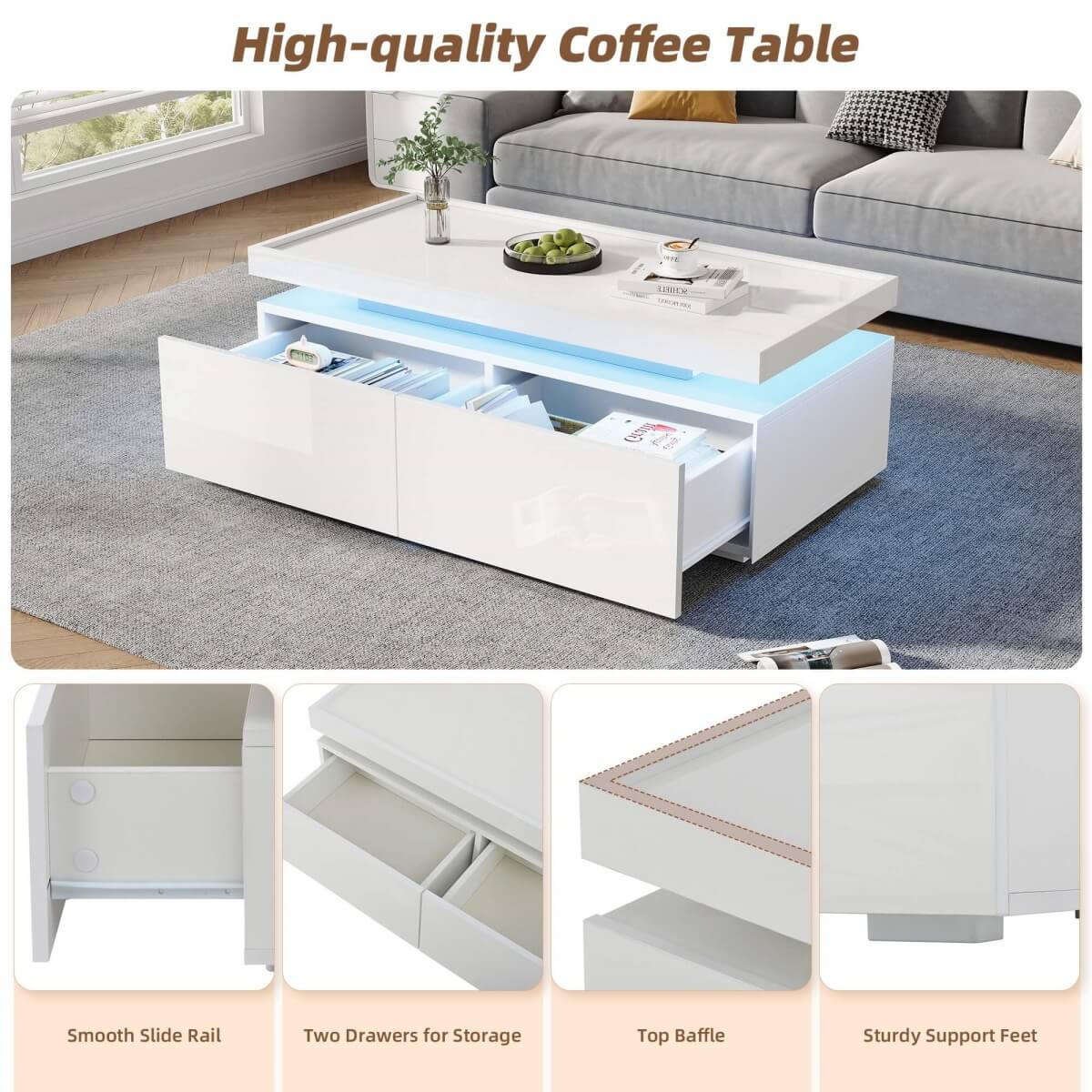 High Gloss Coffee Table with LED Lights - Modern White Storage Table with 2 Drawers