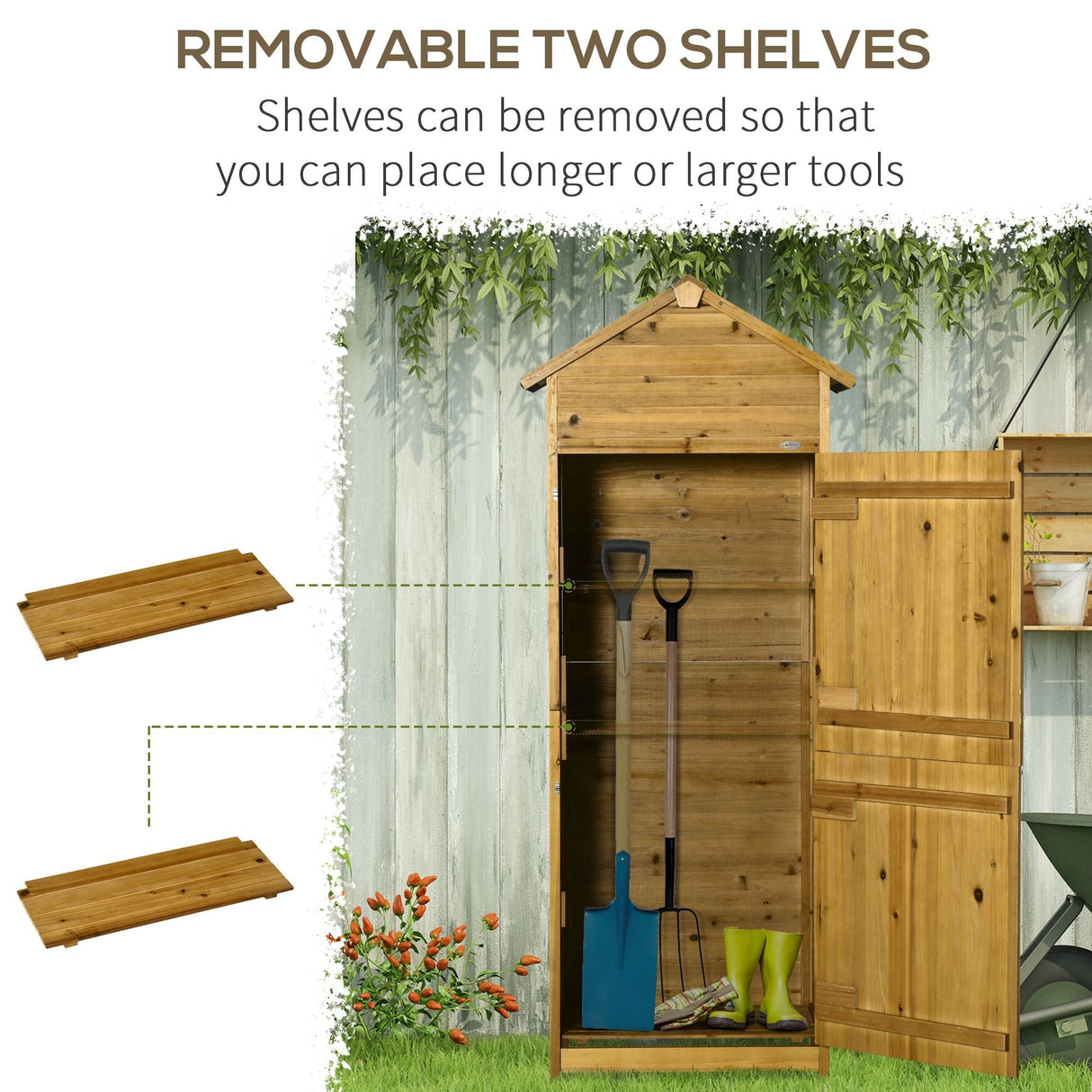 Wooden Garden Storage Shed, Utility Cabinet with 3 Shelves and 2 Doors, Natural Wood