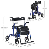 2 in 1 Wheelchair Transport Chair & Folding Rollator Walker with Seat, Backrest, Footrest, Lightweight, Adjustable Height, Pearl Blue