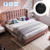 4ft6 Double Pink Velvet Bed – Upholstered Bed with USB & Type-C Charging for Teens & Gu est Rooms