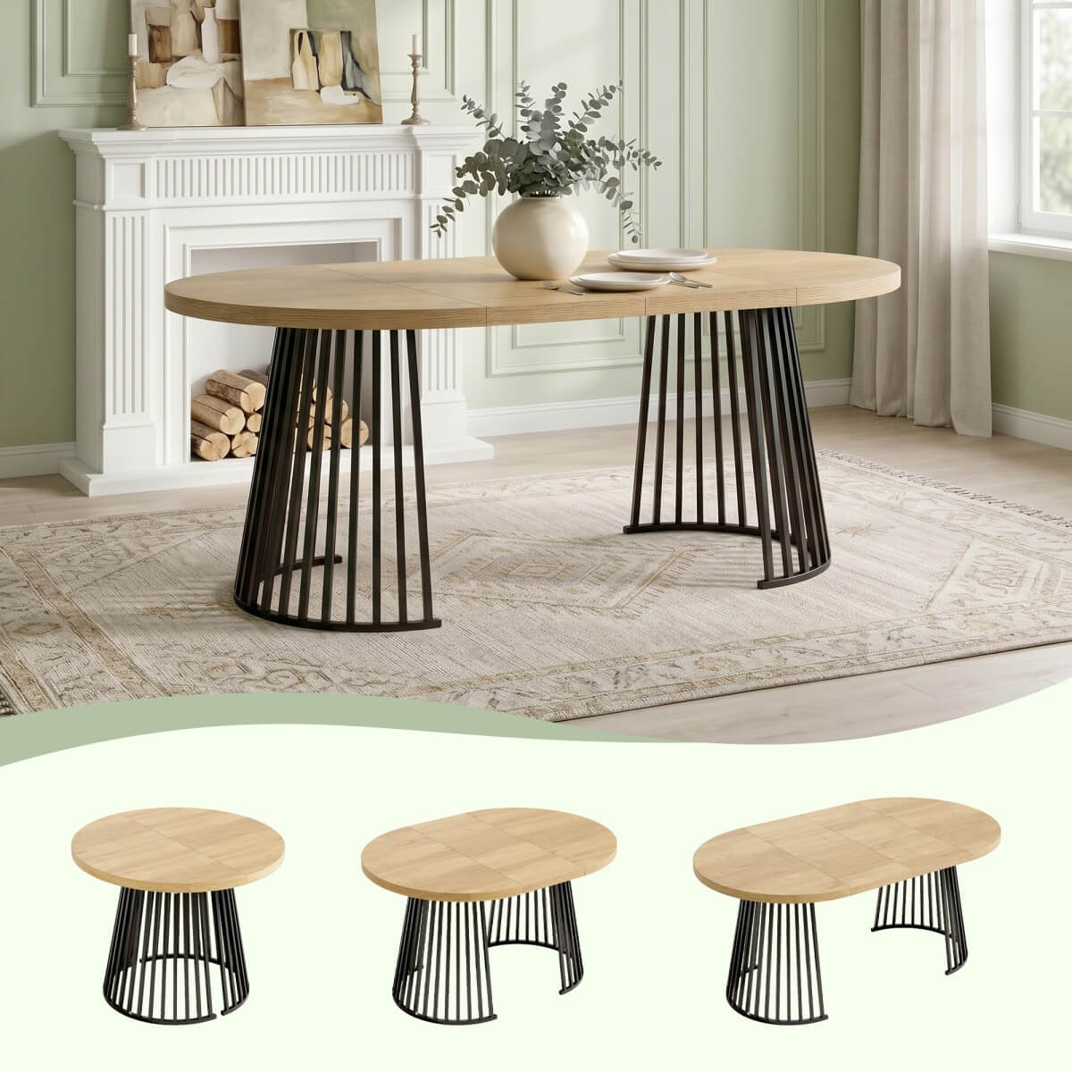 4-8 Seater Extendable Round Dining Table - Round to Oval Kitchen Table with 3cm Thick Tabletop and Metal Pedestal Base, Oak and Black