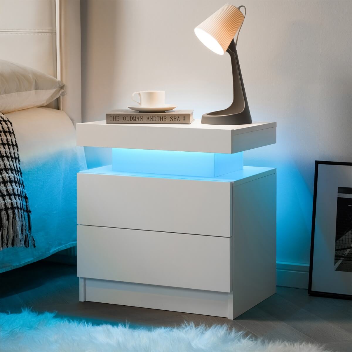 LED Bedside Table with 2 Drawers - Nightstand Cabinet, White