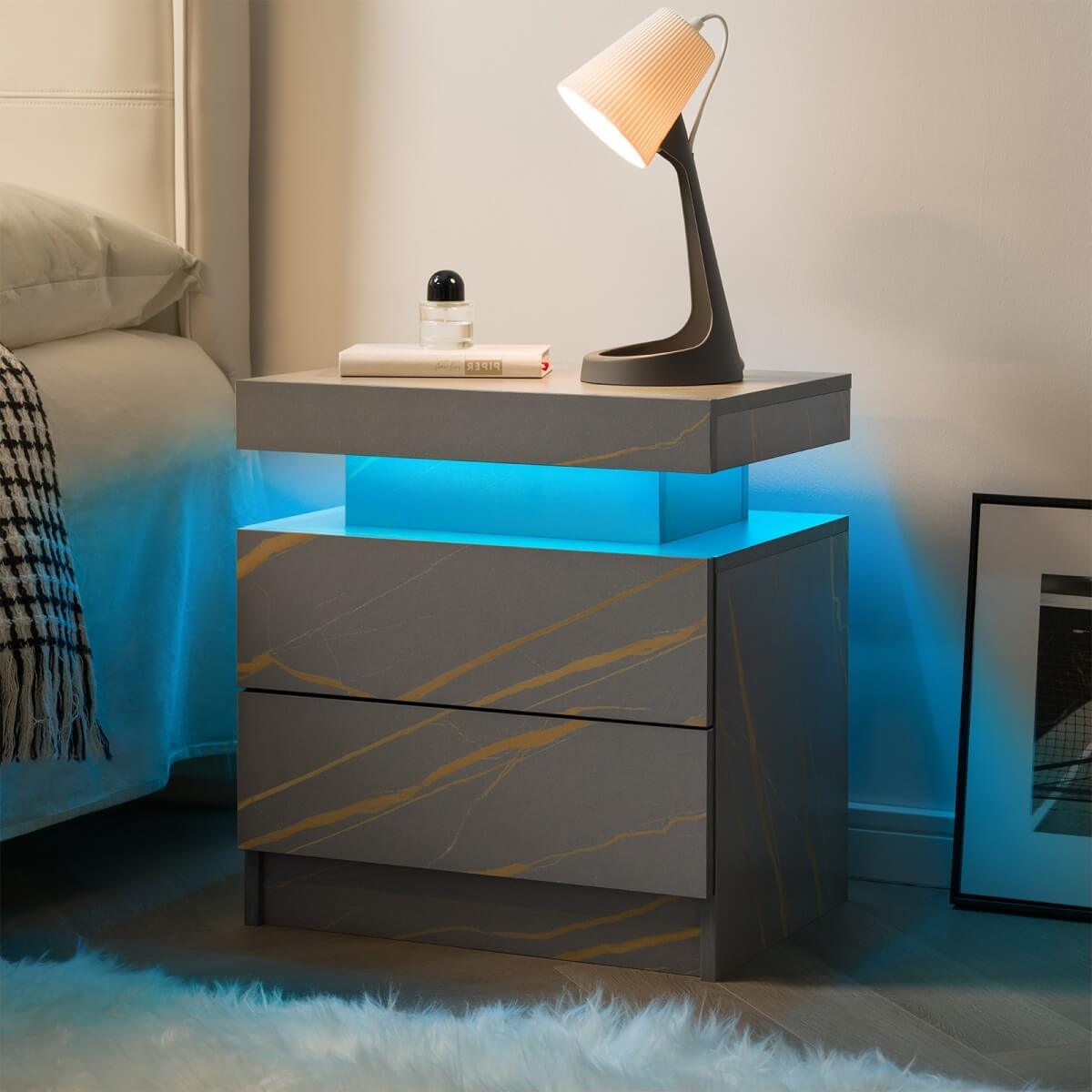 LED Bedside Table with 2 Drawers - Modern Nightstand for Bedroom