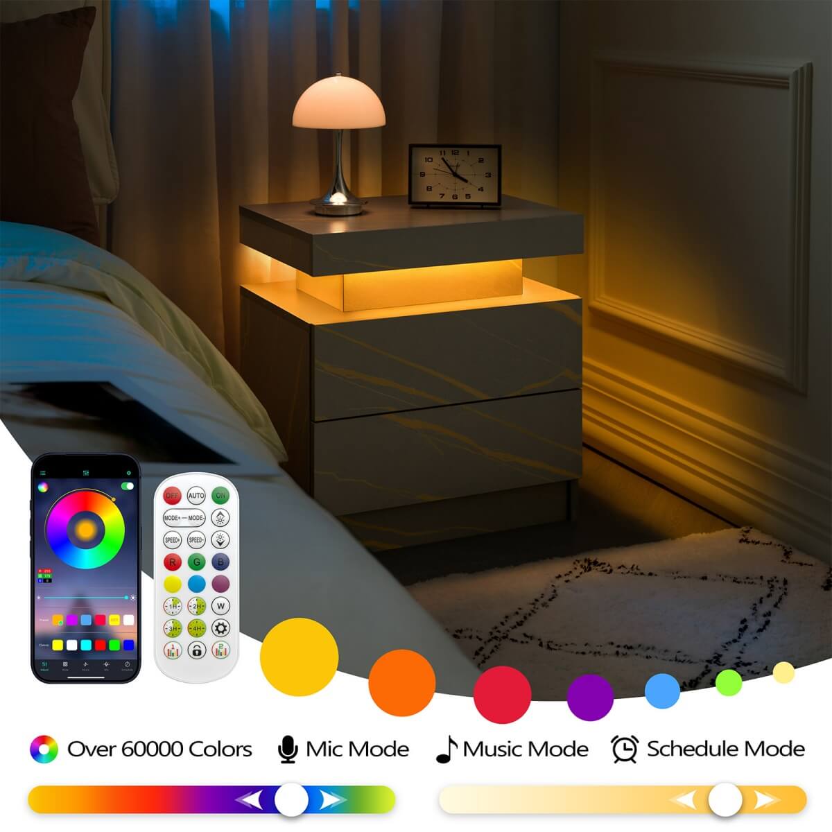 LED Bedside Table with 2 Drawers - Modern Nightstand for Bedroom