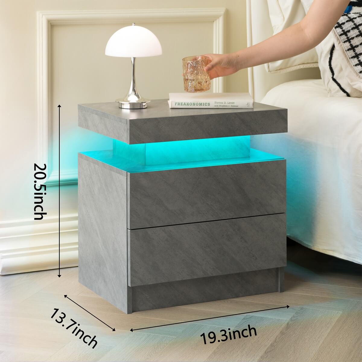 LED Bedside Table with 2 Drawers - Nightstand Cabinet, Grey