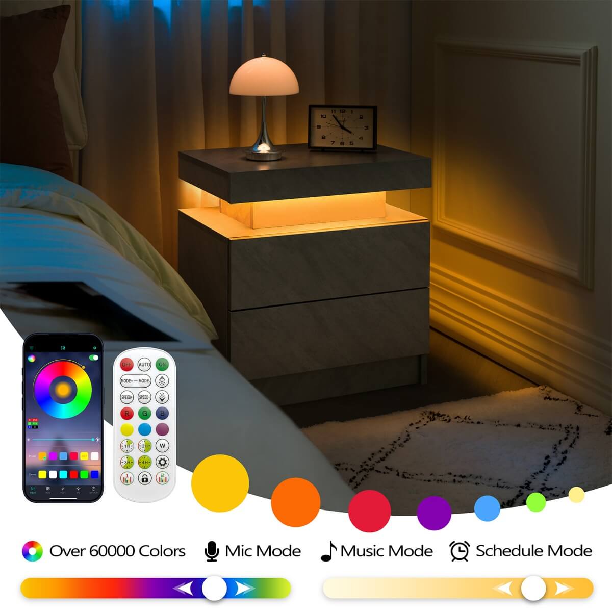 LED Bedside Table with 2 Drawers - Nightstand Cabinet, Grey
