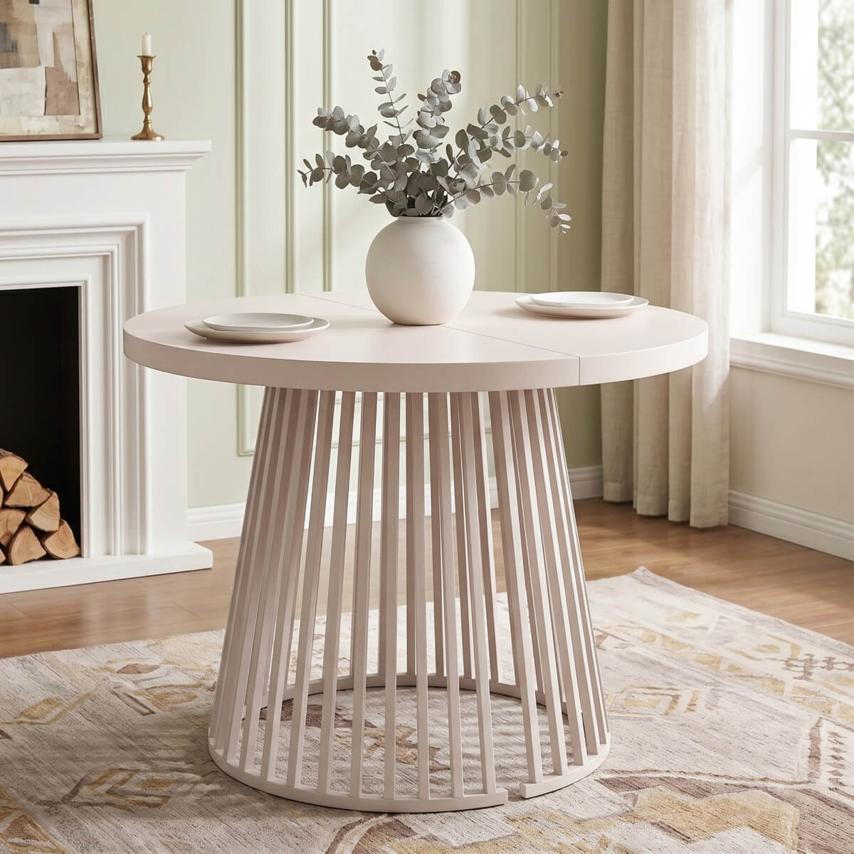 4-8 Seater Extendable Round Dining Table - Round to Oval Kitchen Table with 3cm Thick Tabletop and Metal Pedestal Base, Cashmere